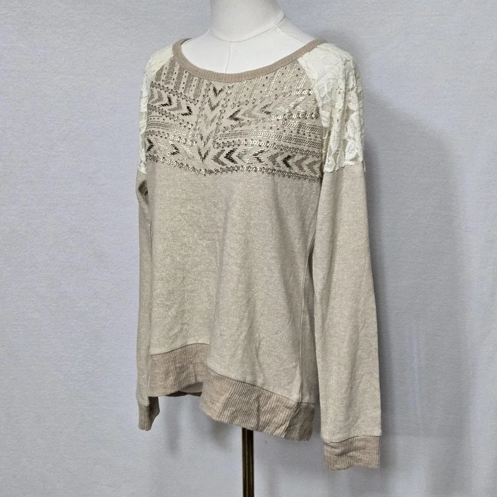 Miss Me Sweater Womens‎ Large Beige Lace Sequin Geometric Raglan Pullover Knit